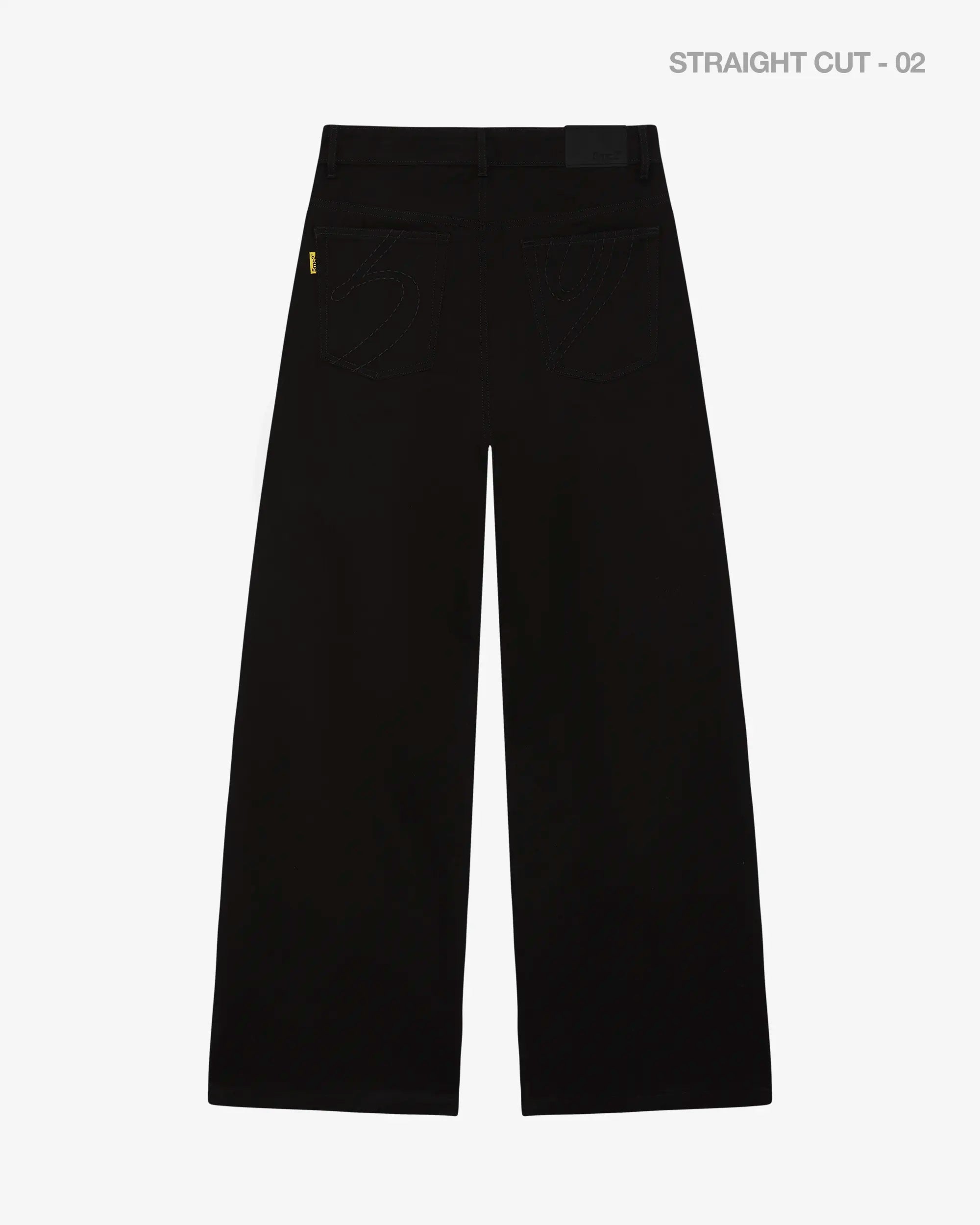 Black pants on a white background with 'Straight Cut - 02' text.