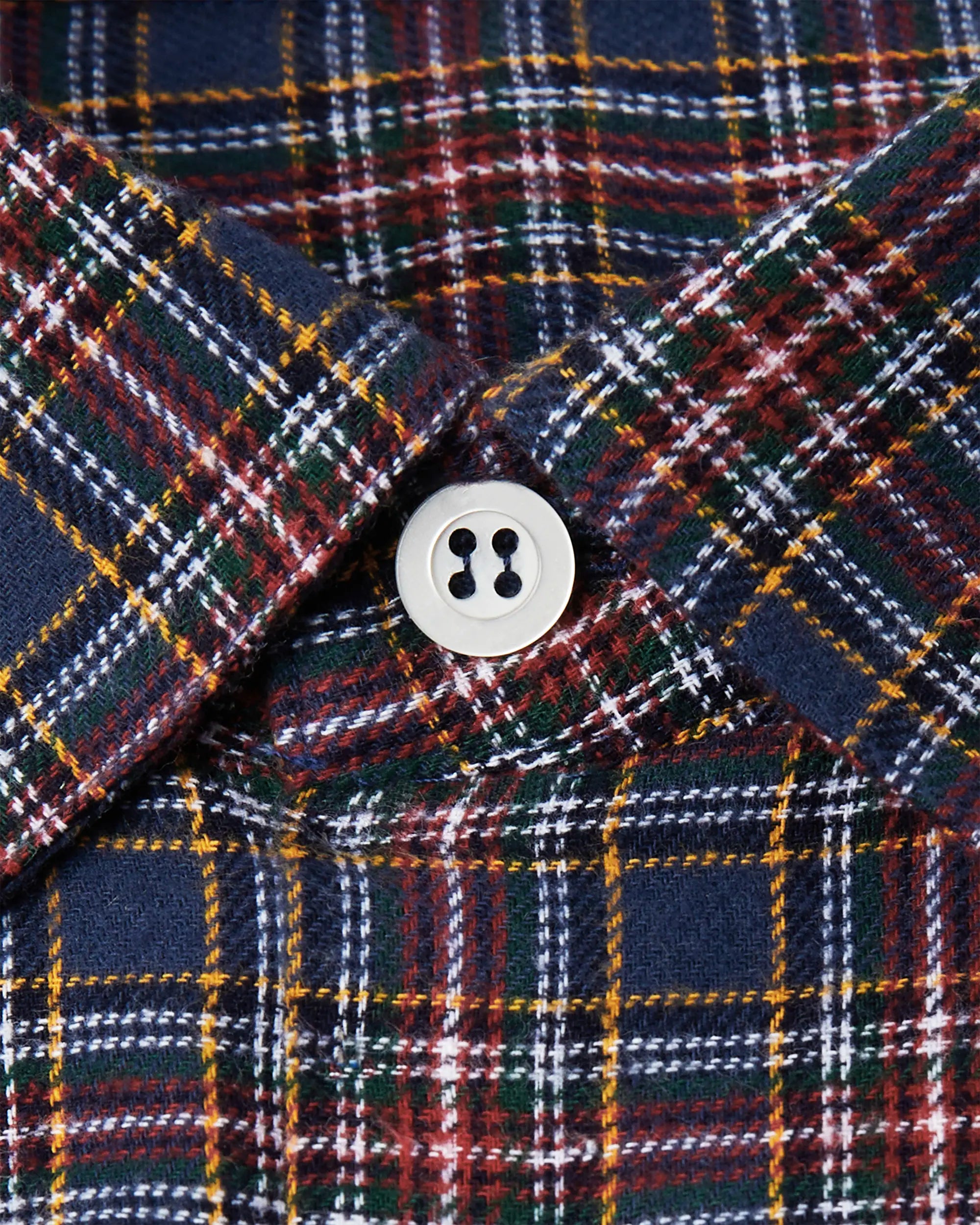 Close-up of a plaid shirt with a button, showing a detailed view of the fabric pattern.