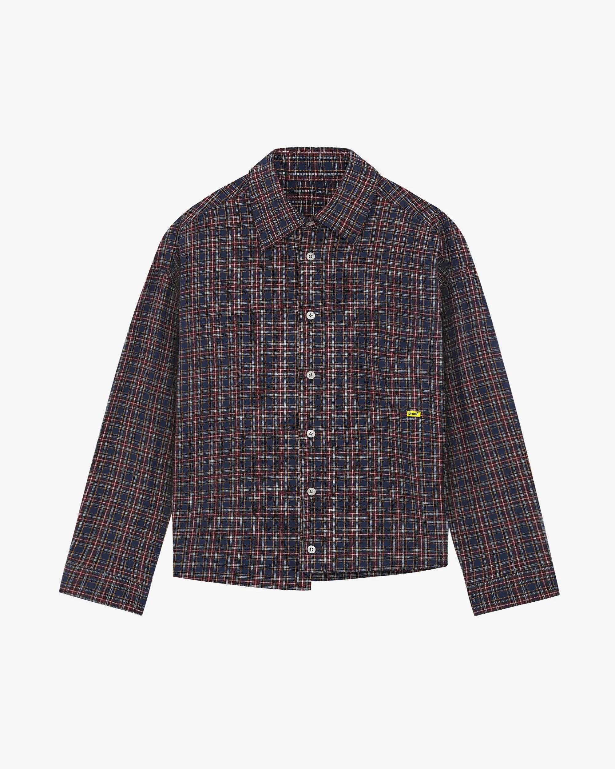 Plaid shirt with a small logo on a white background