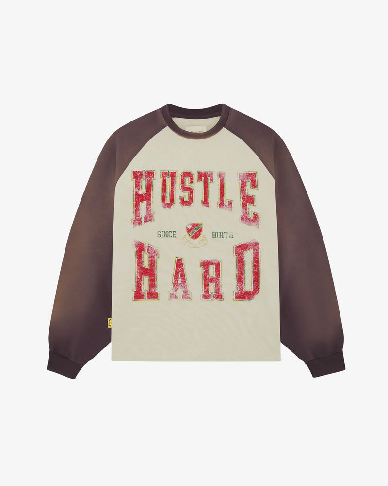 Sweatshirt with 'Hustle Hard' text on a white background